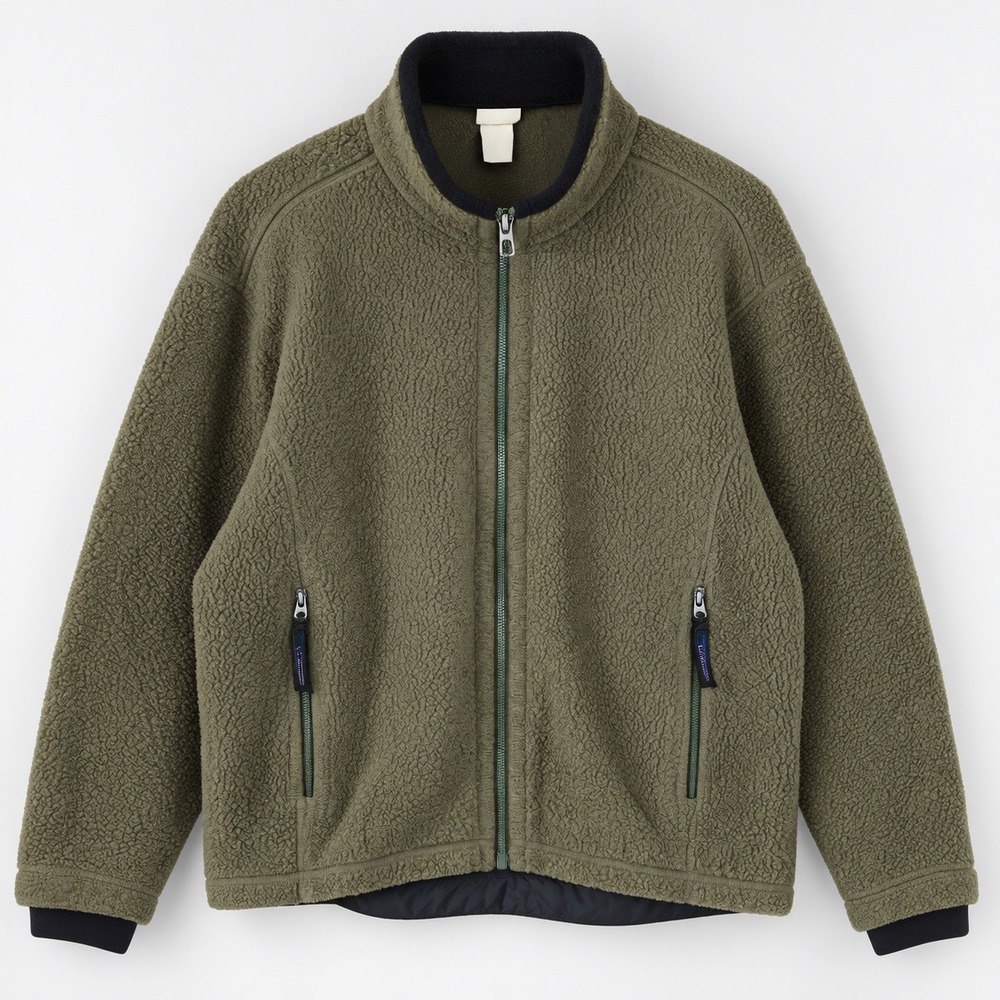LL Bean Vintage Pile Fleece Jacket Olive Green Full Zip Mens Large